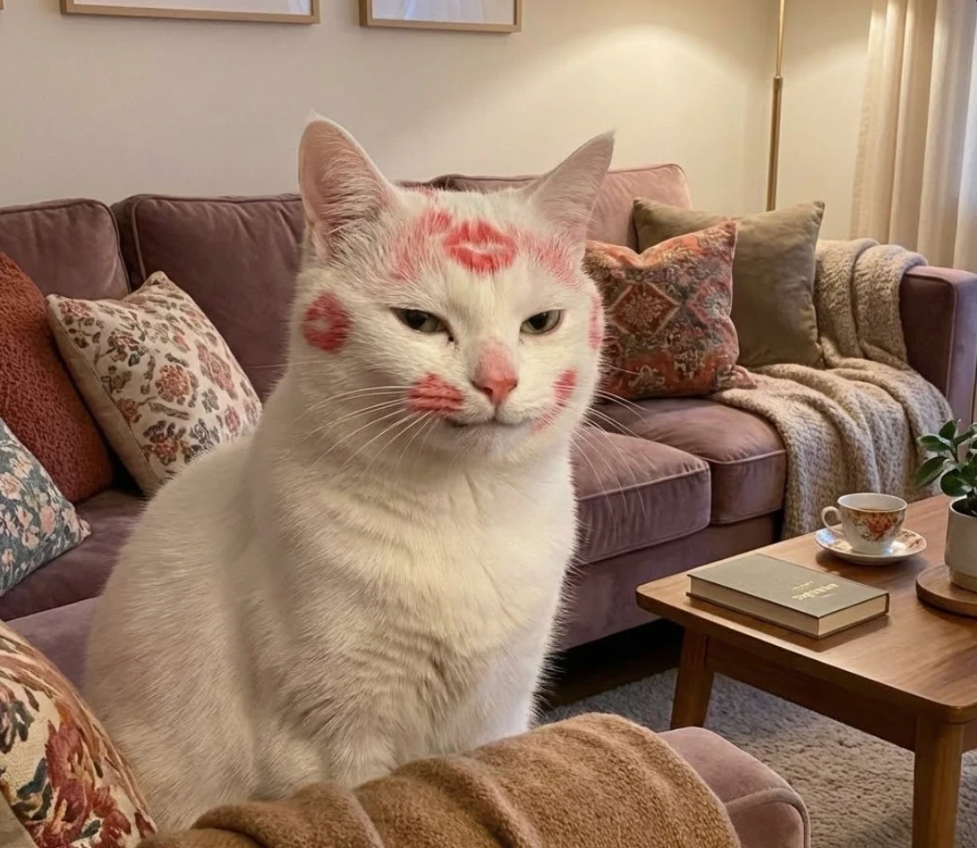 A white cat covered in lipstick marks